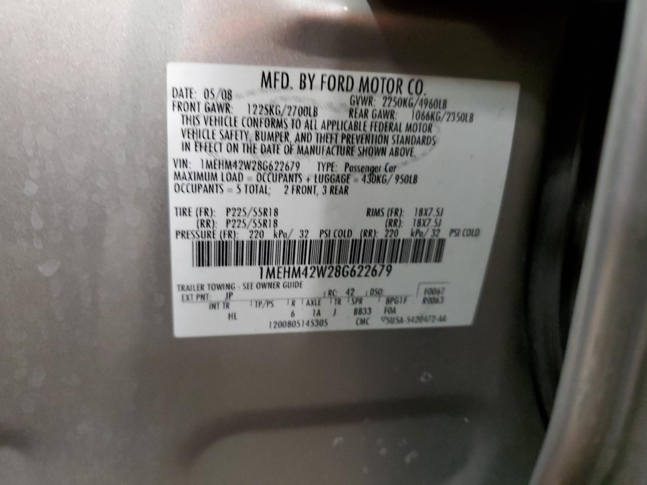 2008 Mercury Sable Premier VIN: 1MEHM42W28G622679 Lot: 85271864