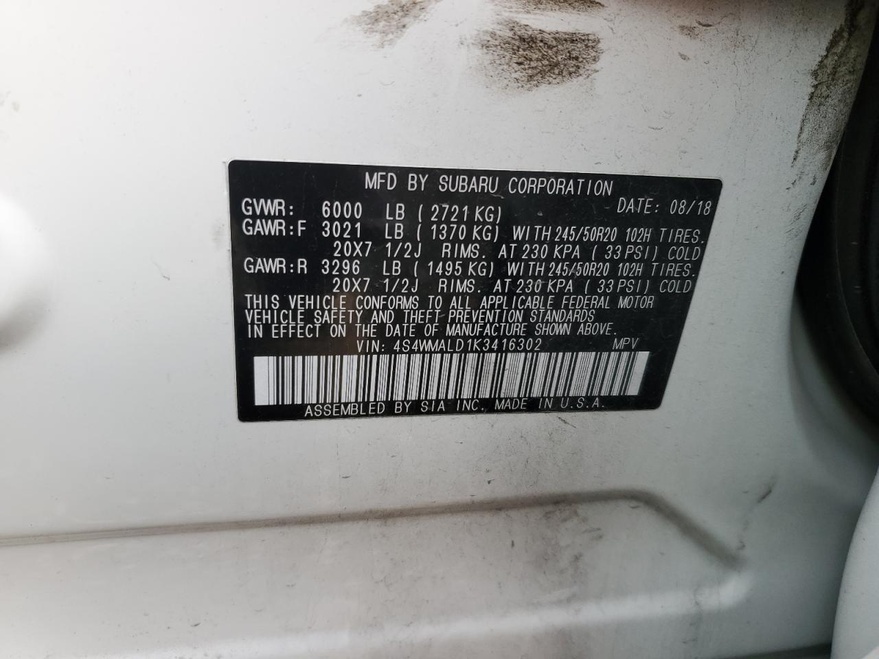 2019 Subaru Ascent Limited VIN: 4S4WMALD1K3416302 Lot: 84747524