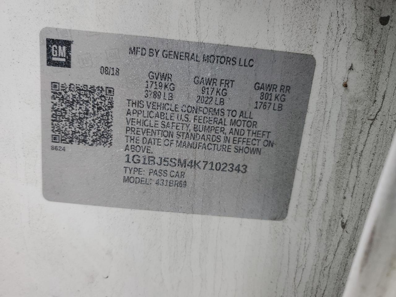 2019 Chevrolet Cruze VIN: 1G1BJ5SM4K7102343 Lot: 85624874