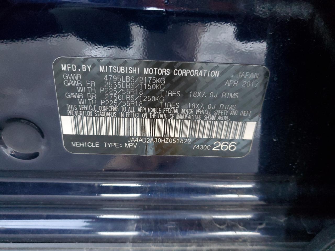 2017 Mitsubishi Outlander Es VIN: JA4AD2A30HZ051822 Lot: 85850924