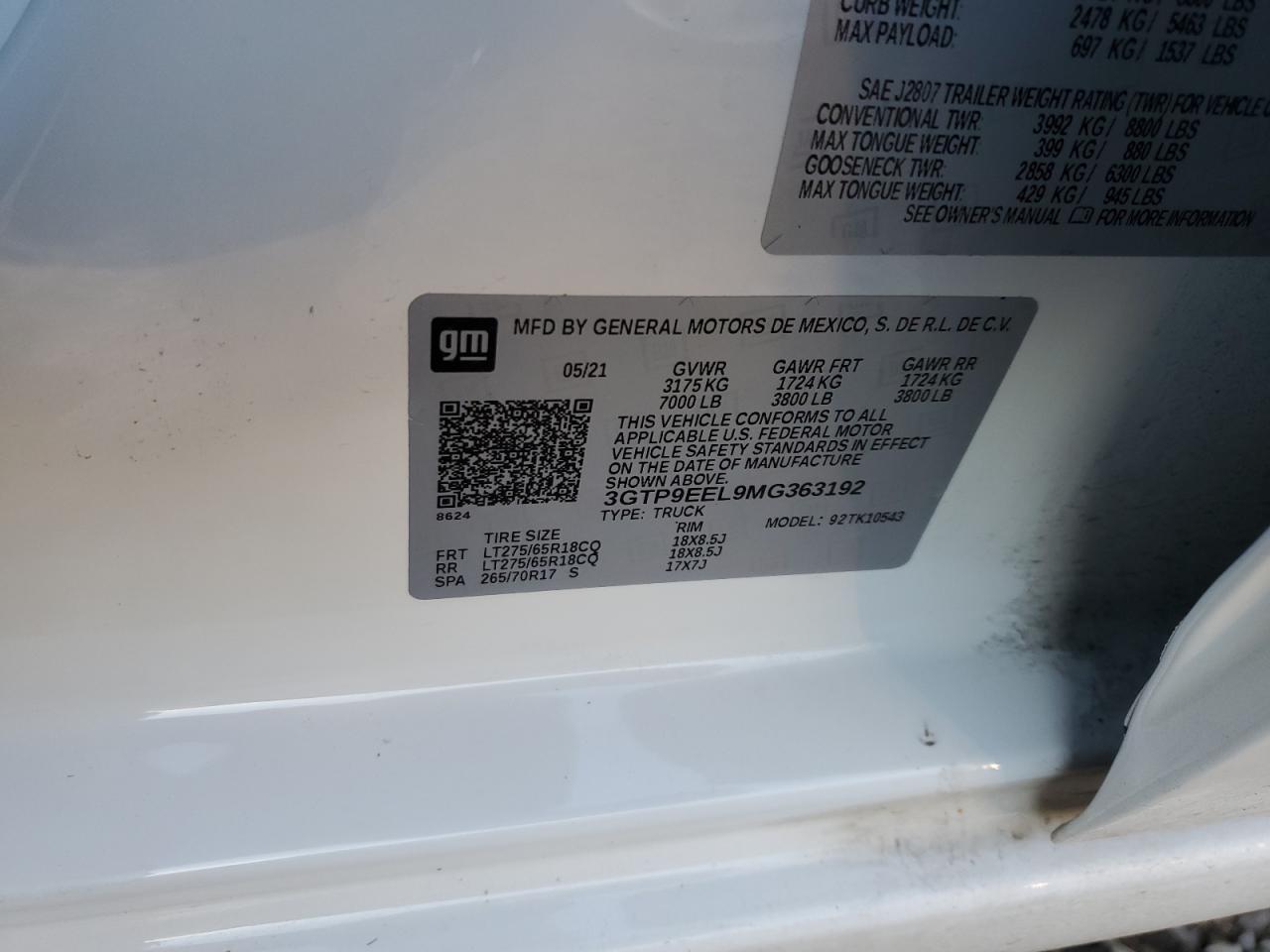 2021 GMC Sierra K1500 At4 VIN: 3GTP9EEL9MG363192 Lot: 85451974