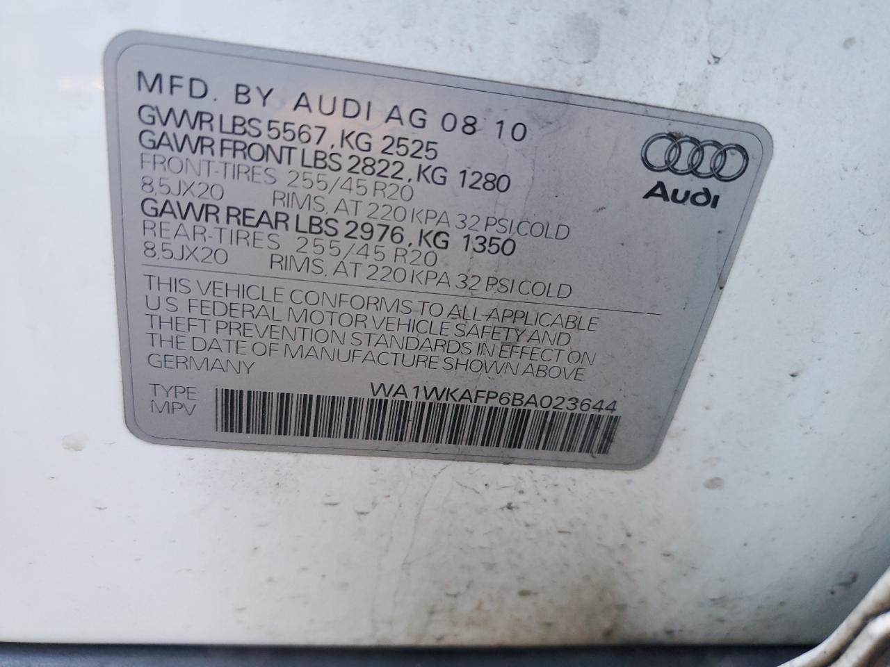 2011 Audi Q5 Prestige VIN: WA1WKAFP6BA023644 Lot: 83768944