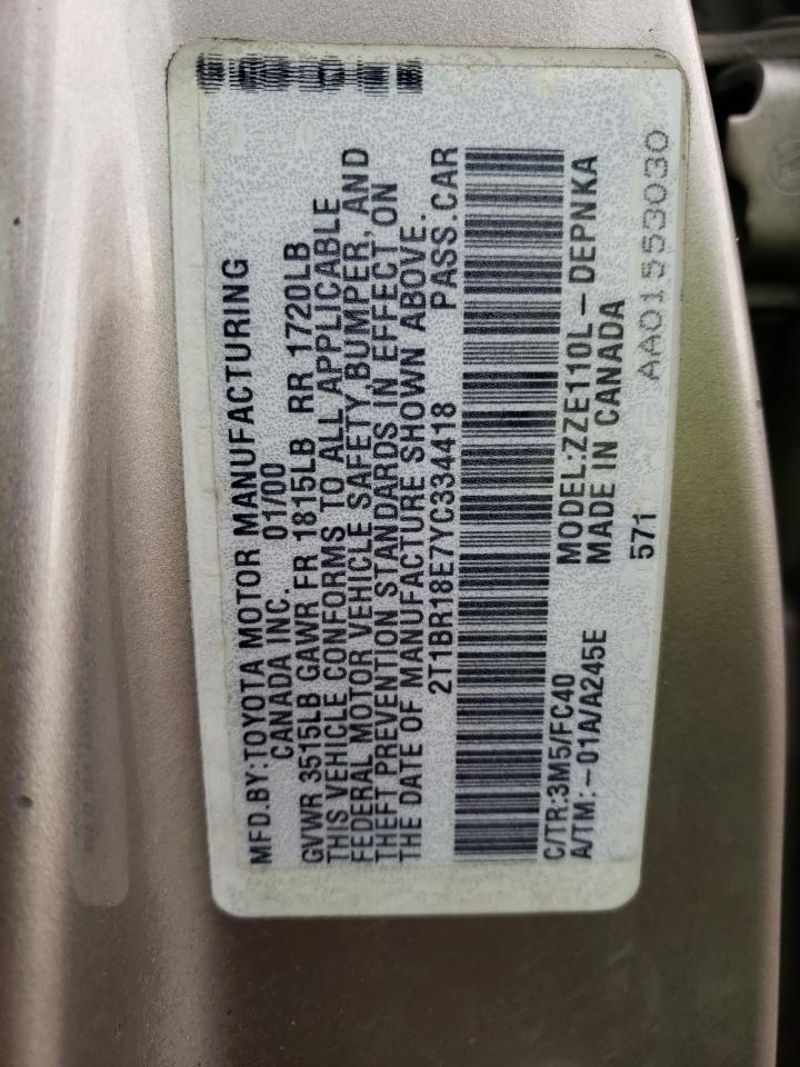2000 Toyota Corolla Ve VIN: 2T1BR18E7YC334418 Lot: 55293945