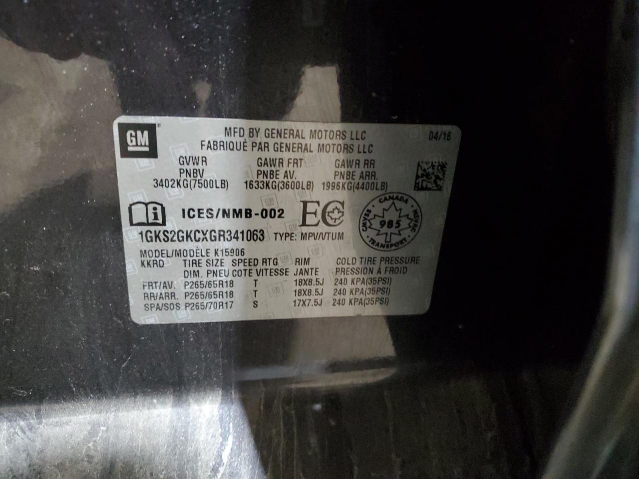 2016 GMC Yukon Xl K1500 Slt VIN: 1GKS2GKCXGR341063 Lot: 85414184