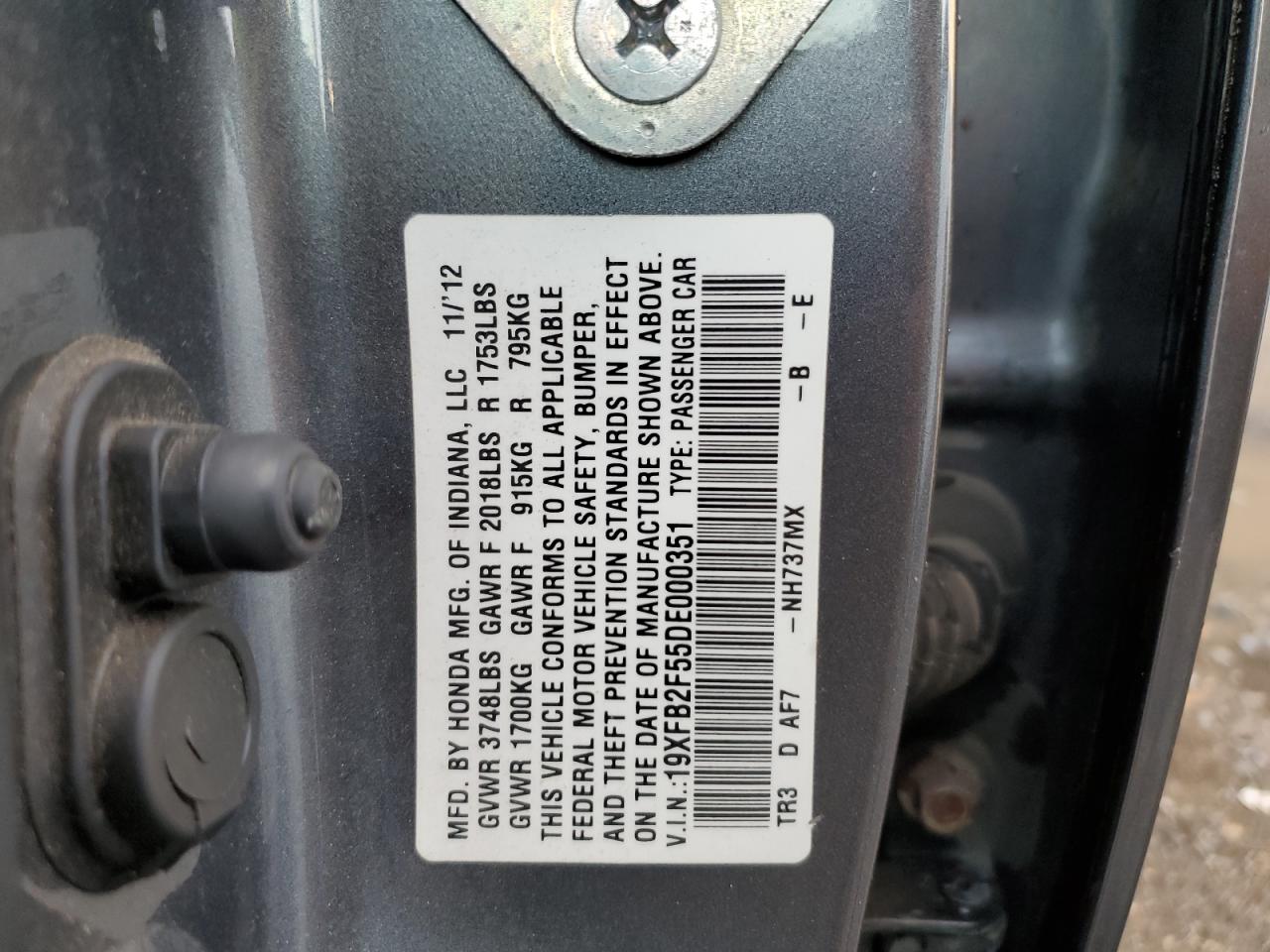 VIN 19XFB2F55DE000351 2013 HONDA CIVIC no.12