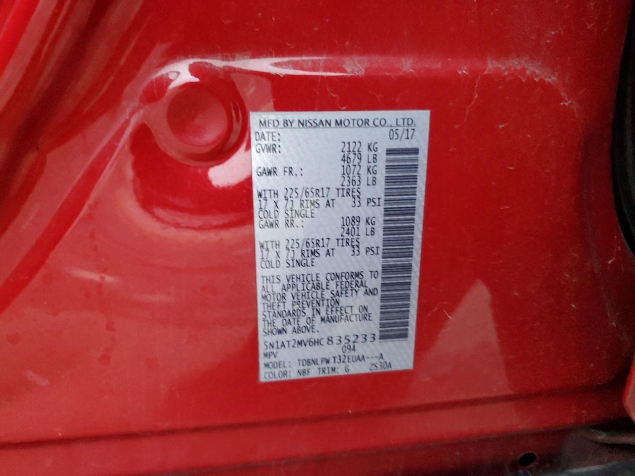 2017 Nissan Rogue Sv VIN: 5N1AT2MV6HC835233 Lot: 85414094