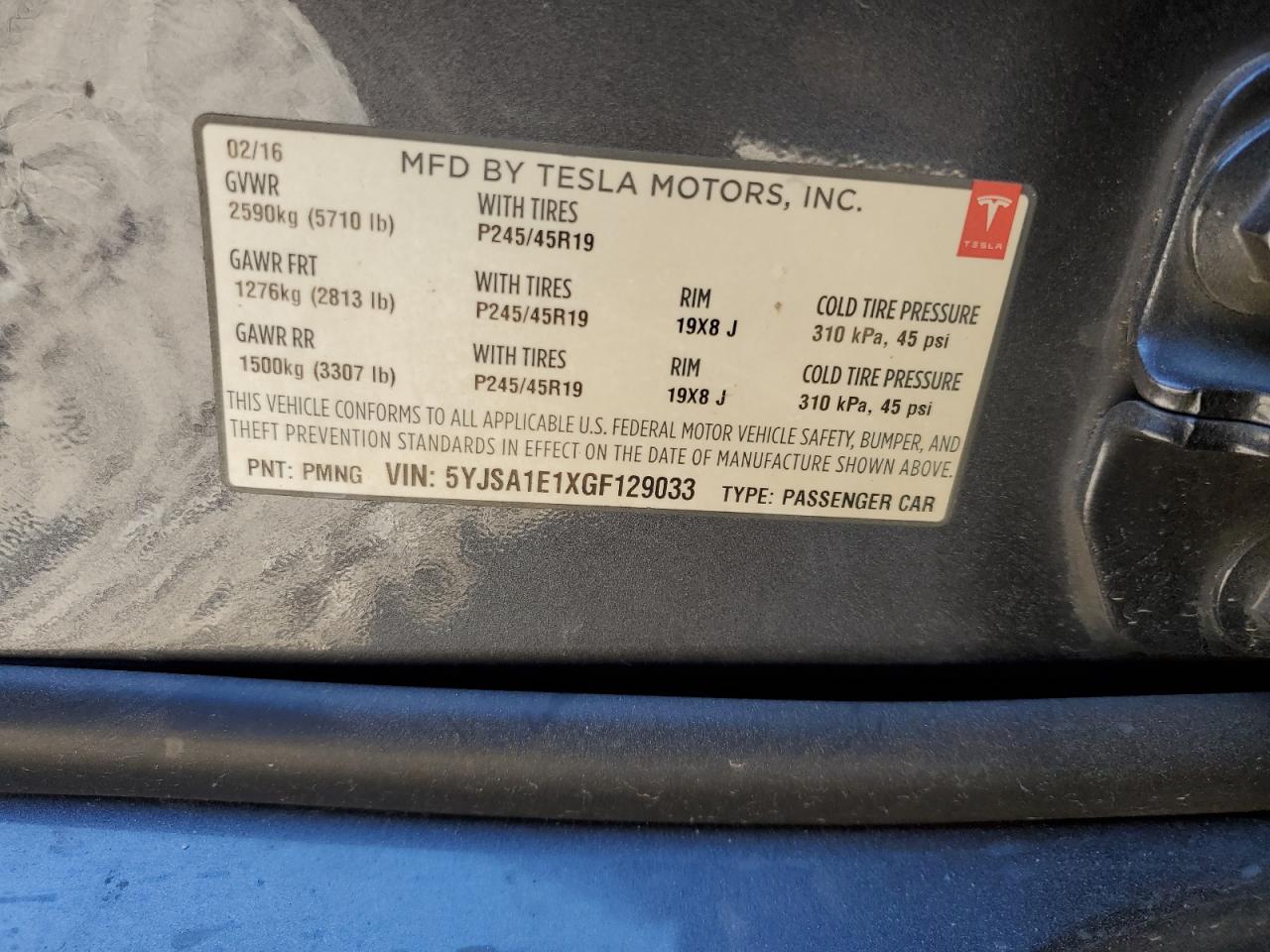 2016 Tesla Model S VIN: 5YJSA1E1XGF129033 Lot: 85522824