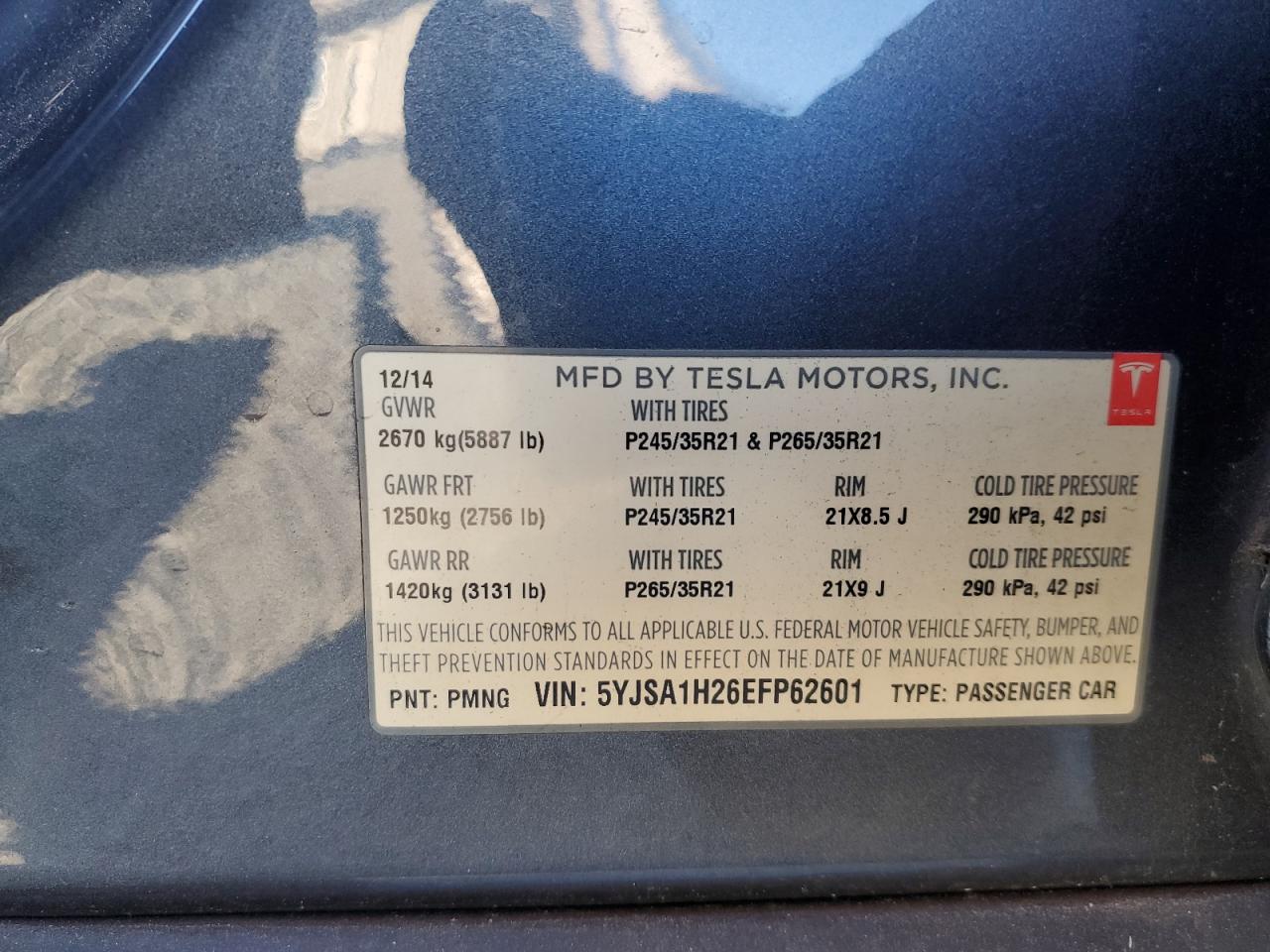 2014 Tesla Model S VIN: 5YJSA1H26EFP62601 Lot: 83215574