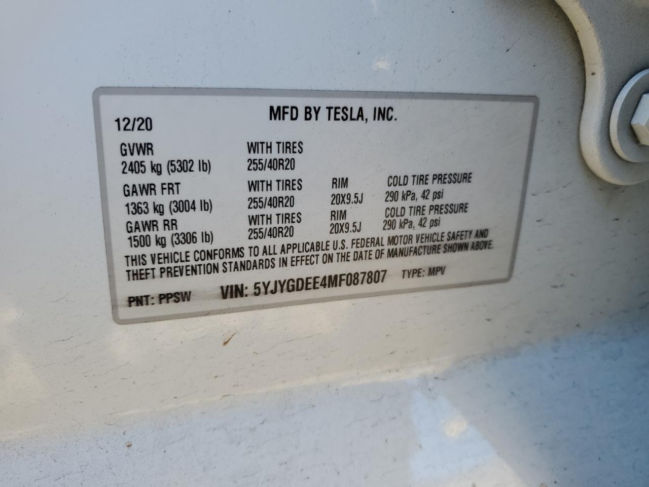 2021 Tesla Model Y VIN: 5YJYGDEE4MF087807 Lot: 84871684