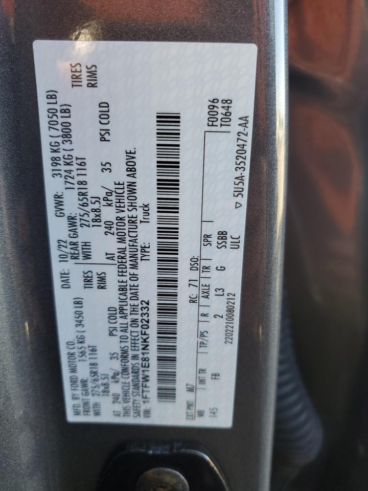 2022 Ford F150 Supercrew VIN: 1FTFW1E81NKF02332 Lot: 86310904