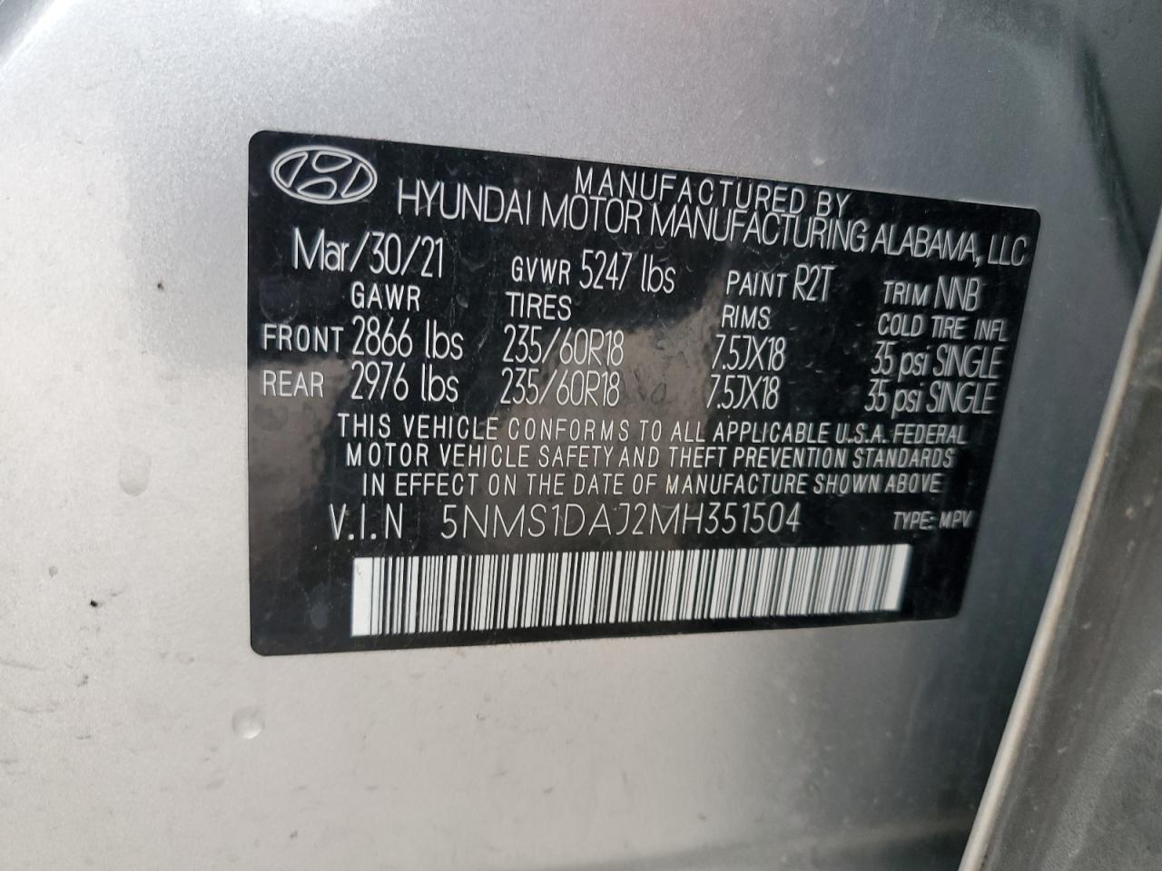 VIN 5NMS1DAJ2MH351504 2021 HYUNDAI SANTA FE no.14