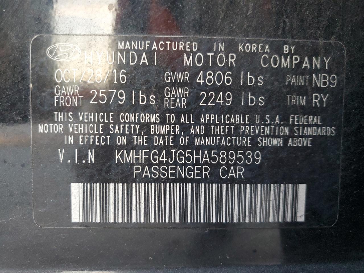 VIN KMHFG4JG5HA589539 2017 HYUNDAI AZERA no.13