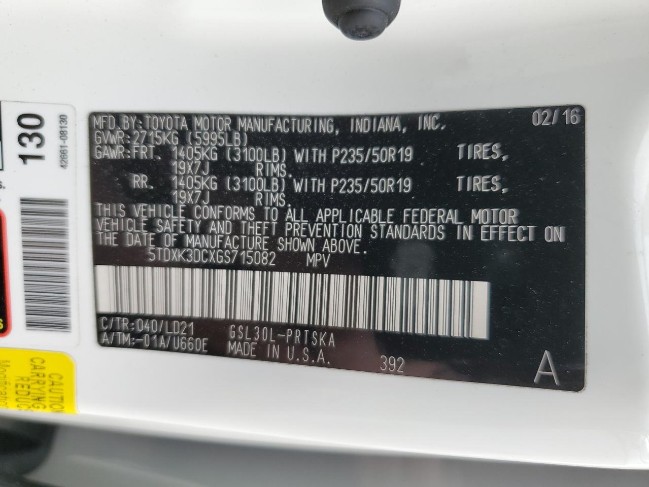 2016 Toyota Sienna Se VIN: 5TDXK3DCXGS715082 Lot: 86076124