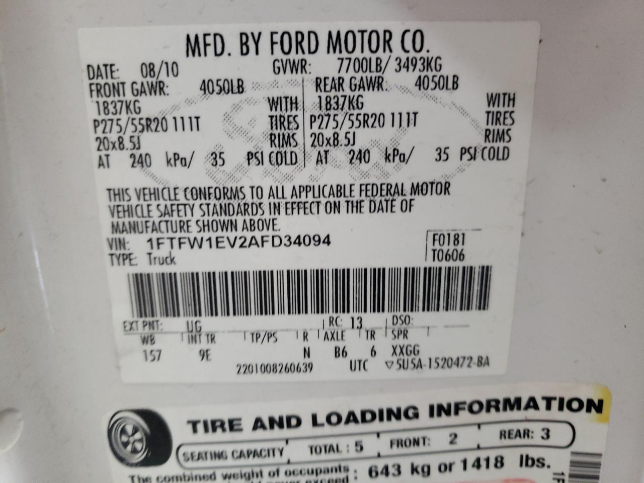 2010 Ford F150 Supercrew VIN: 1FTFW1EV2AFD34094 Lot: 85296384