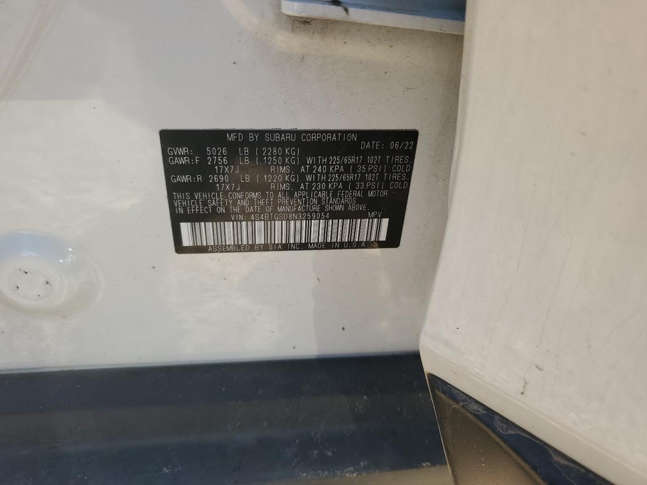 2022 Subaru Outback Wilderness VIN: 4S4BTGSD8N3259054 Lot: 82414314
