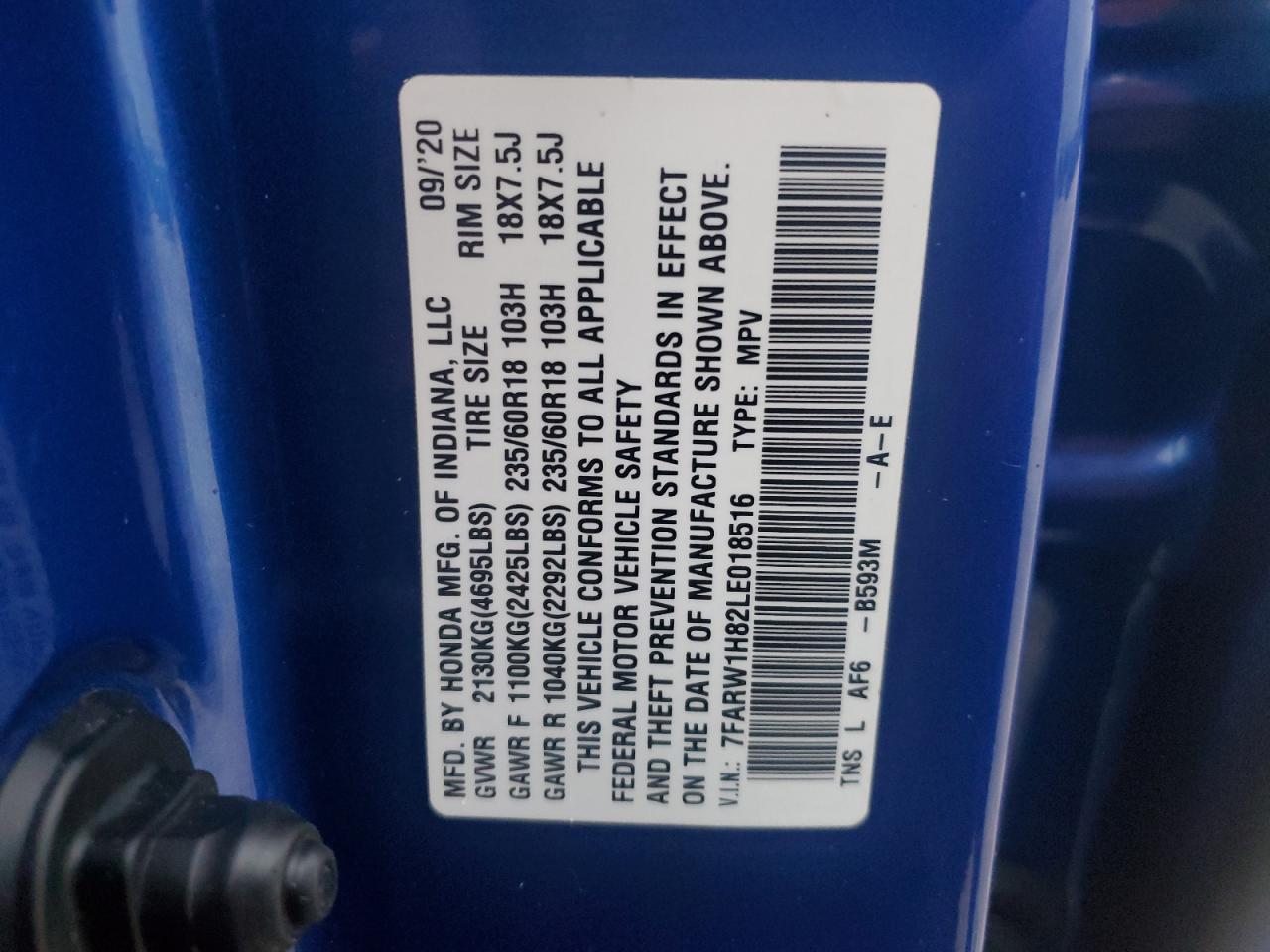 2020 Honda Cr-V Exl VIN: 7FARW1H82LE018516 Lot: 81531744