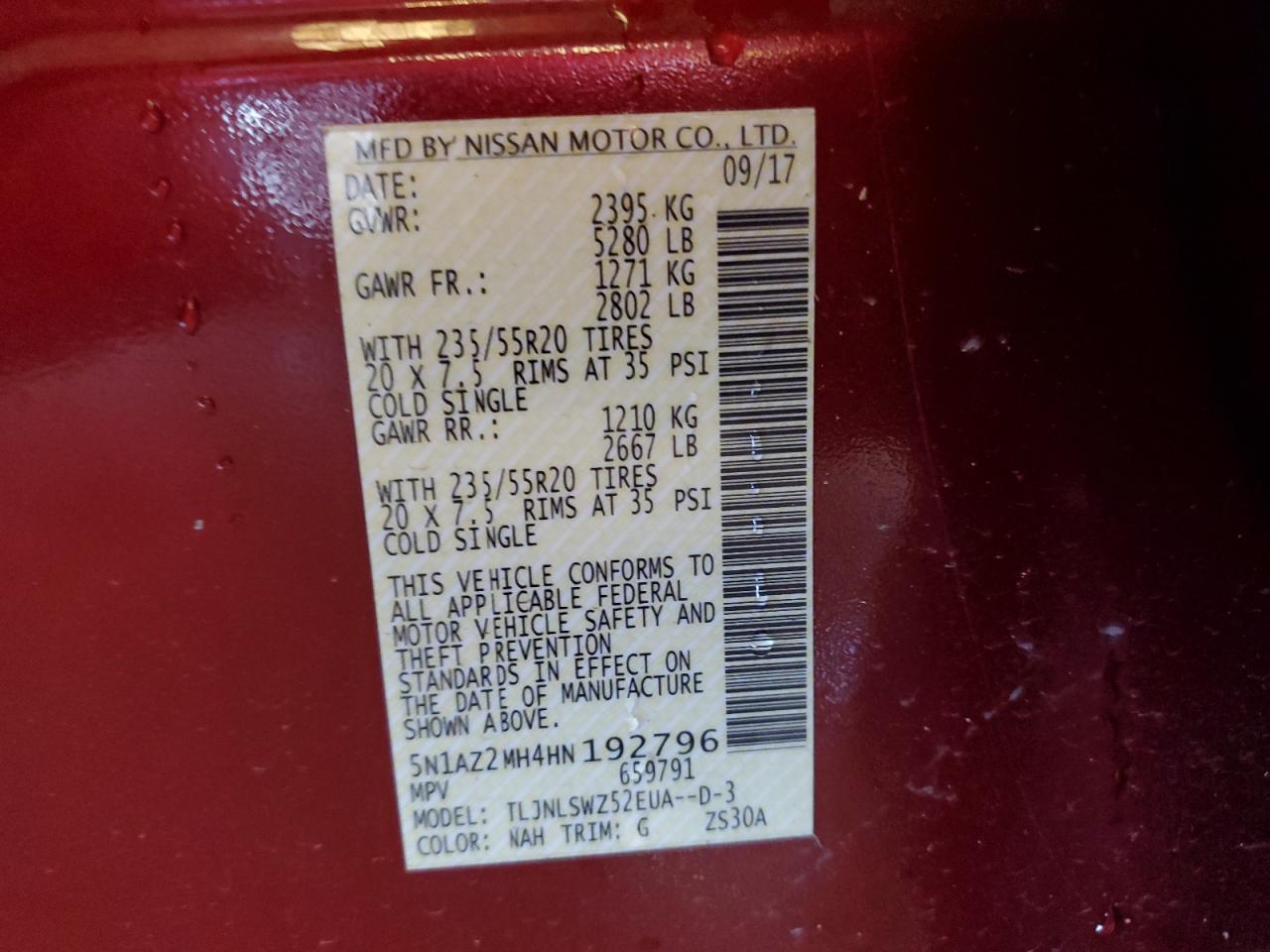 2017 Nissan Murano S VIN: 5N1AZ2MH4HN192796 Lot: 86606414