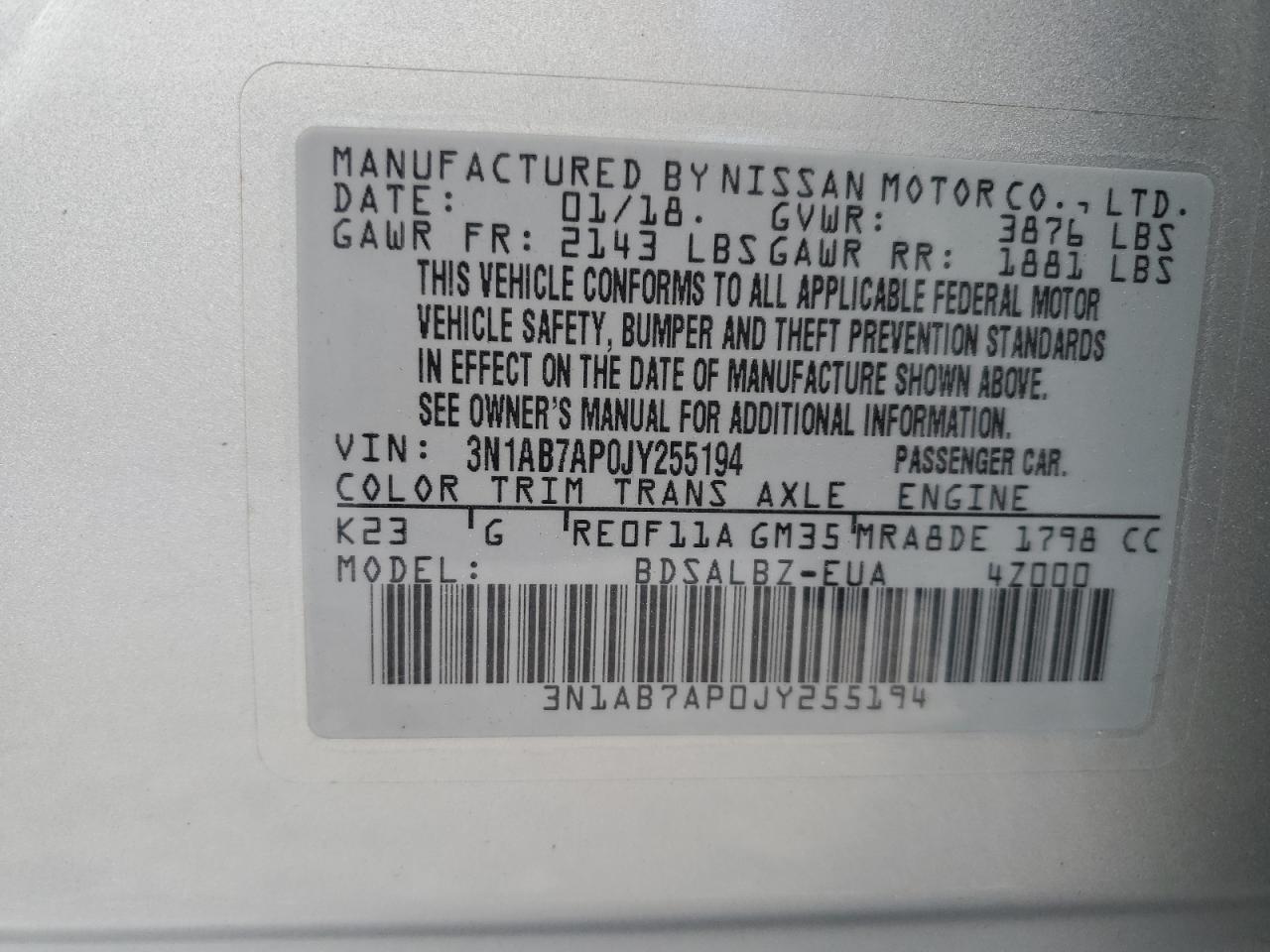 VIN 3N1AB7AP0JY255194 2018 NISSAN SENTRA no.12