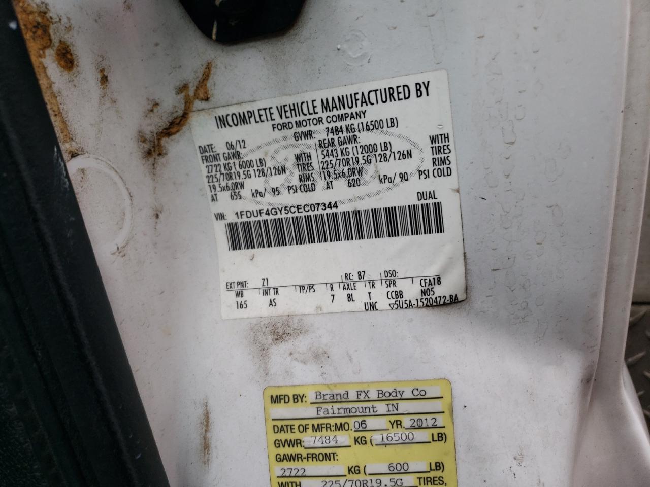 2012 Ford F450 Super Duty VIN: 1FDUF4GY5CEC07344 Lot: 43827755