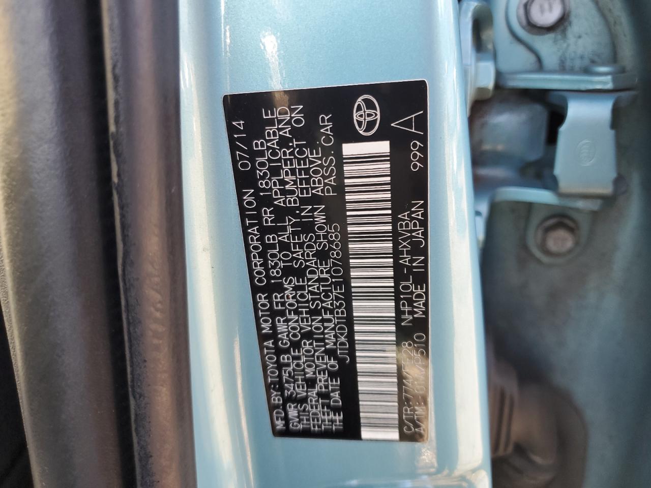 2014 Toyota Prius C VIN: JTDKDTB37E1078685 Lot: 83846174