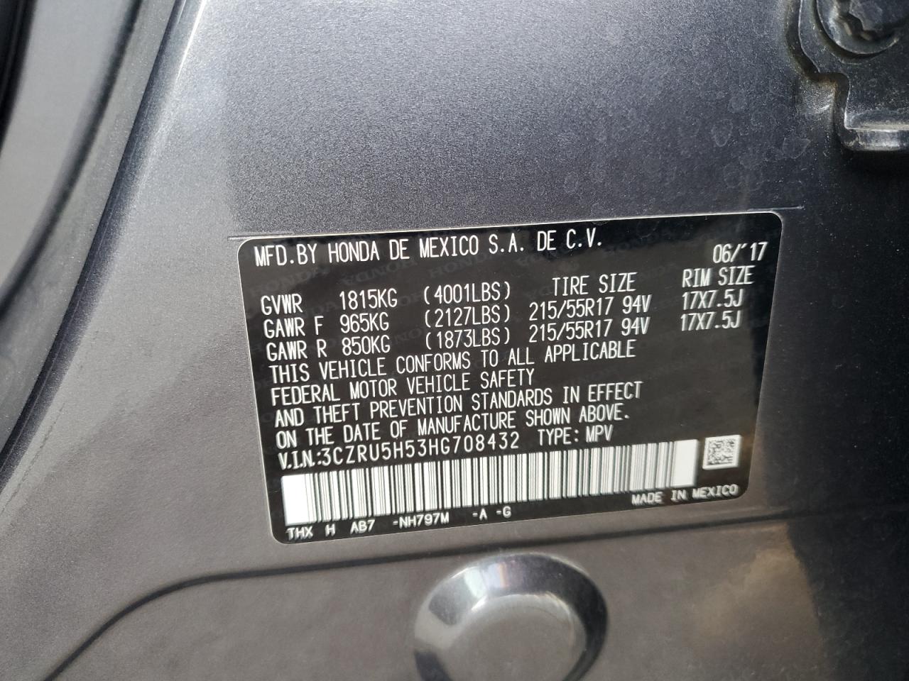 VIN 3CZRU5H53HG708432 2017 HONDA HR-V no.13