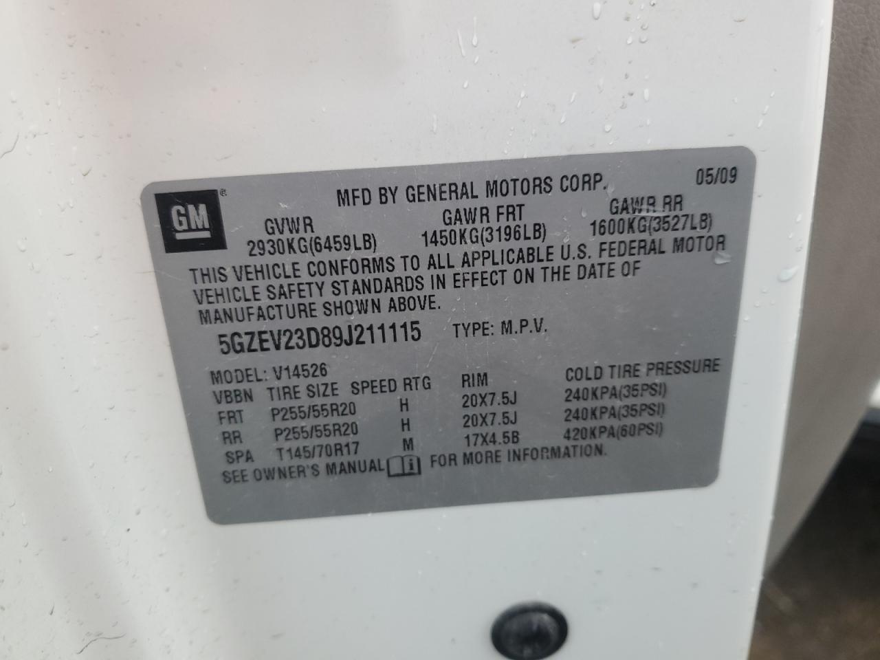 2009 Saturn Outlook Xr VIN: 5GZEV23D89J211115 Lot: 86373634