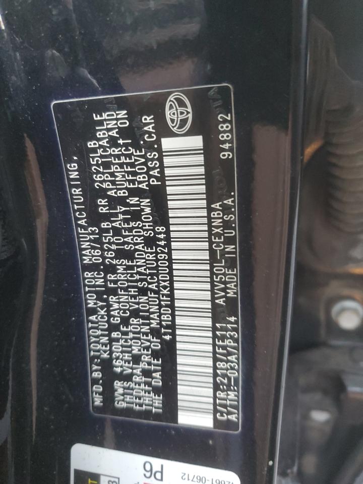 2013 Toyota Camry Hybrid VIN: 4T1BD1FKXDU092448 Lot: 87006654