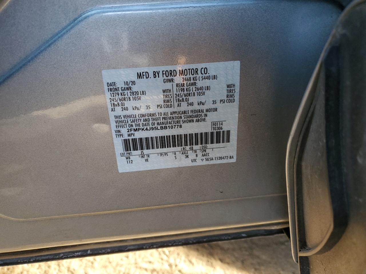 2020 Ford Edge Sel VIN: 2FMPK4J95LBB10778 Lot: 84933404