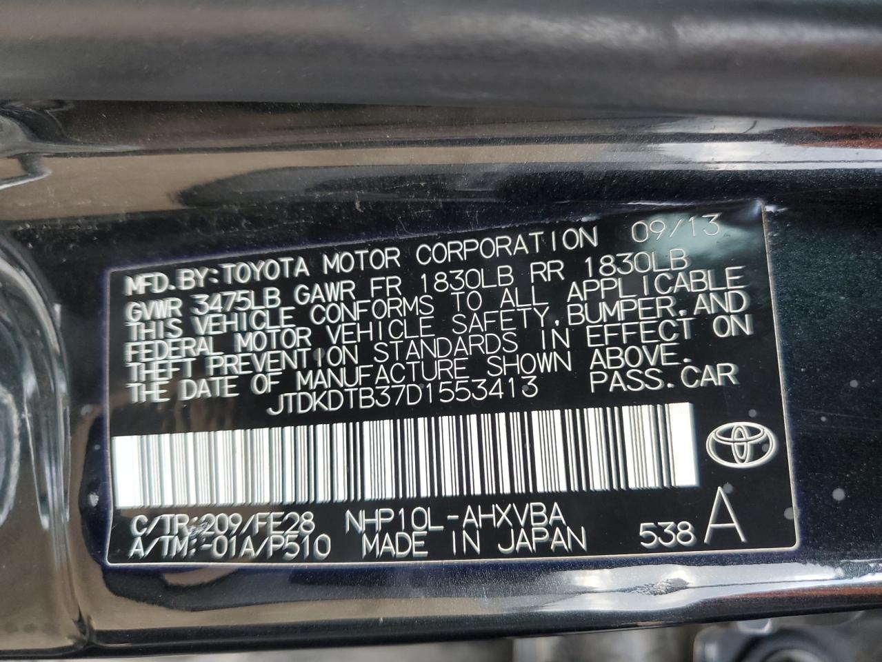 VIN JTDKDTB37D1553413 2013 TOYOTA PRIUS no.13