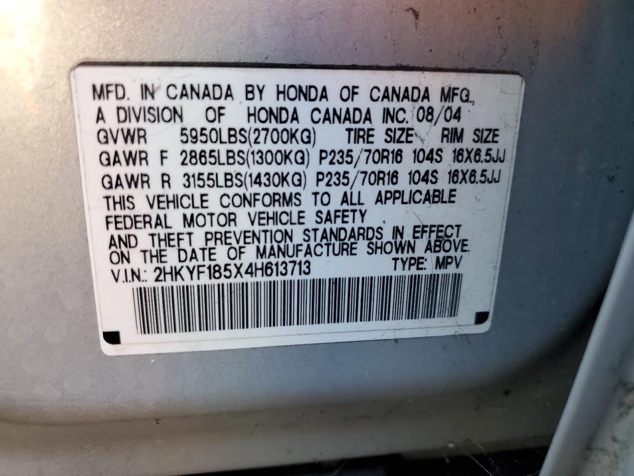 2004 Honda Pilot Exl VIN: 2HKYF185X4H613713 Lot: 87282364