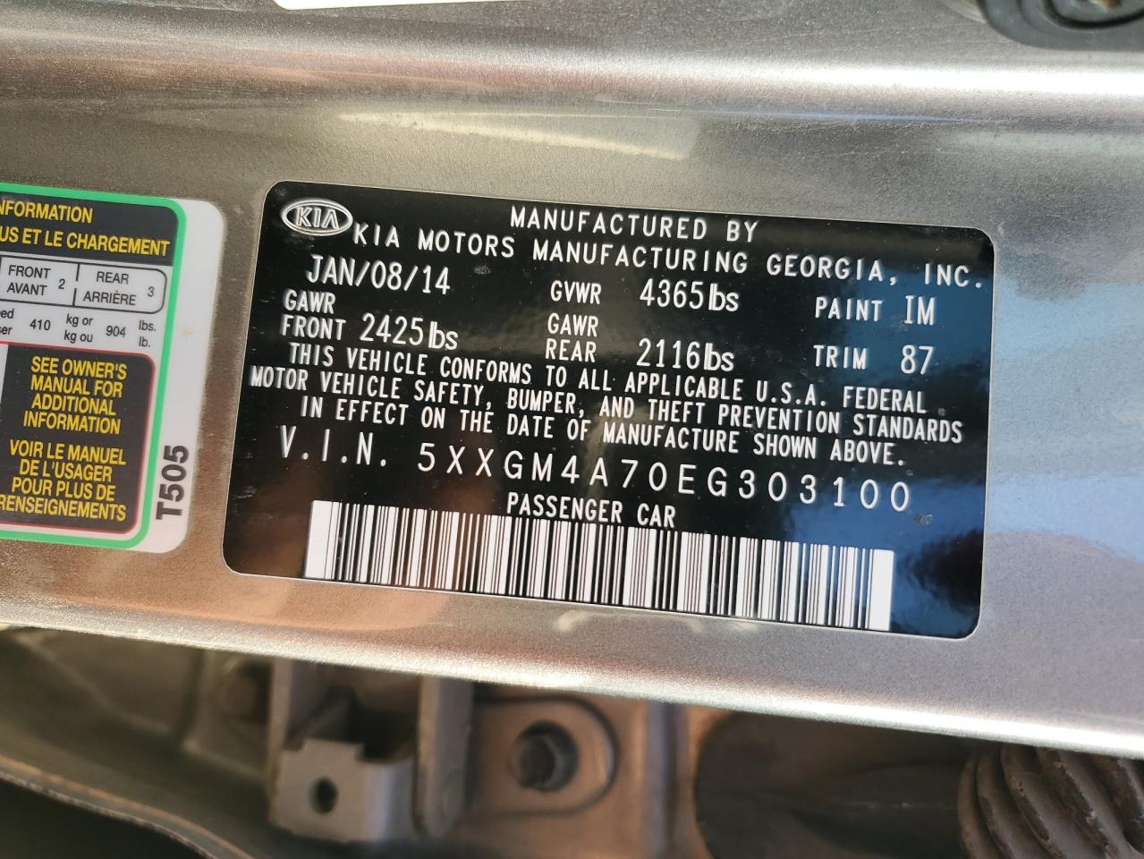 VIN 5XXGM4A70EG303100 2014 KIA OPTIMA no.13