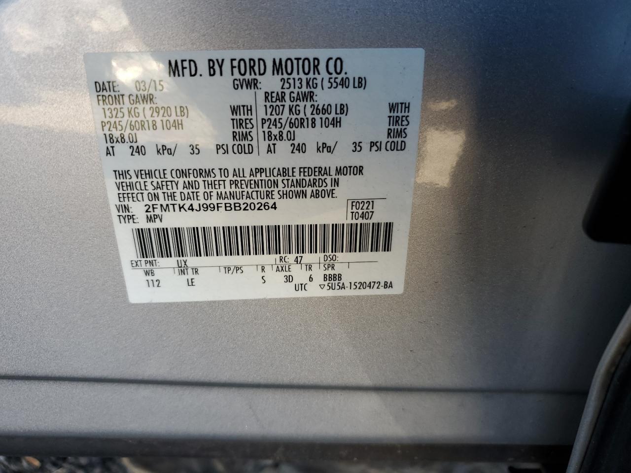 VIN 2FMTK4J99FBB20264 2015 FORD EDGE no.13