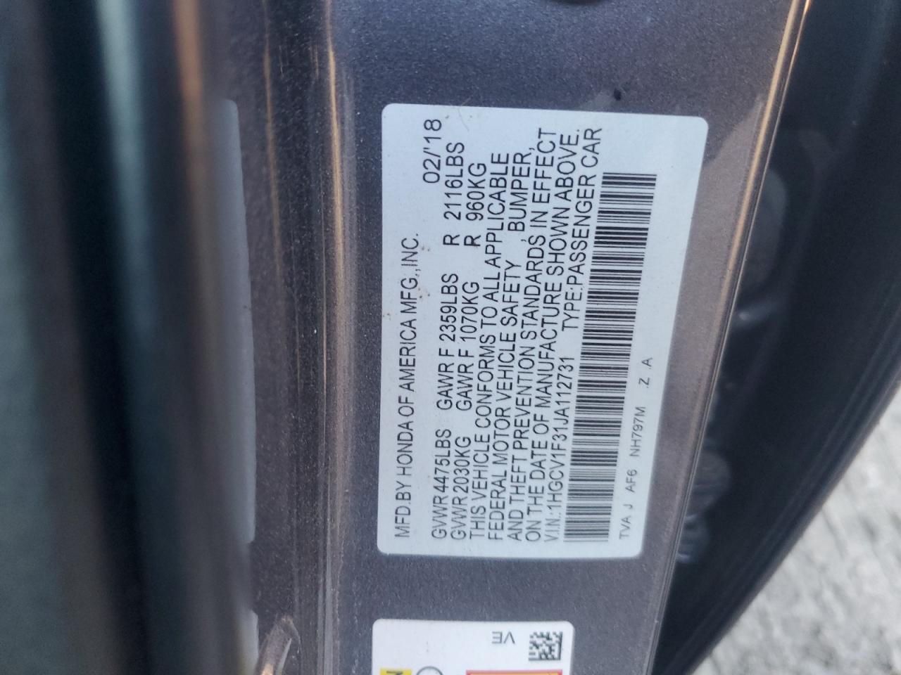 VIN 1HGCV1F31JA112731 2018 HONDA ACCORD no.12