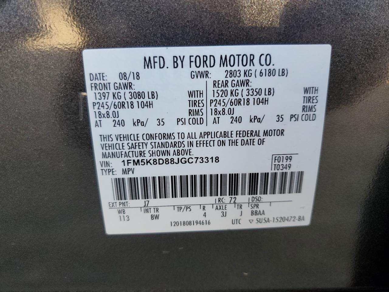 2018 Ford Explorer Xlt VIN: 1FM5K8D88JGC73318 Lot: 84273824