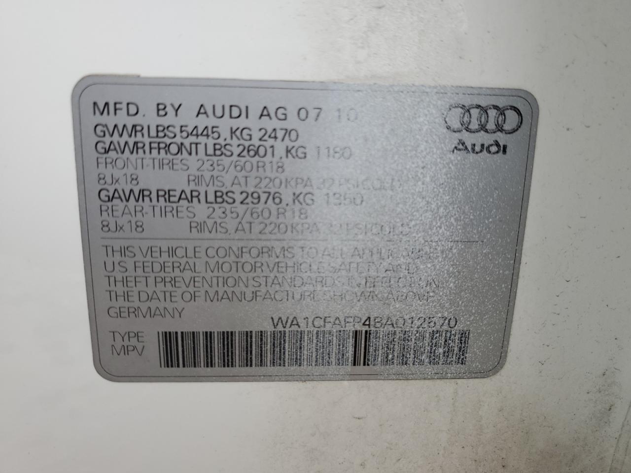 2011 Audi Q5 Premium VIN: WA1CFAFP4BA012570 Lot: 86354864