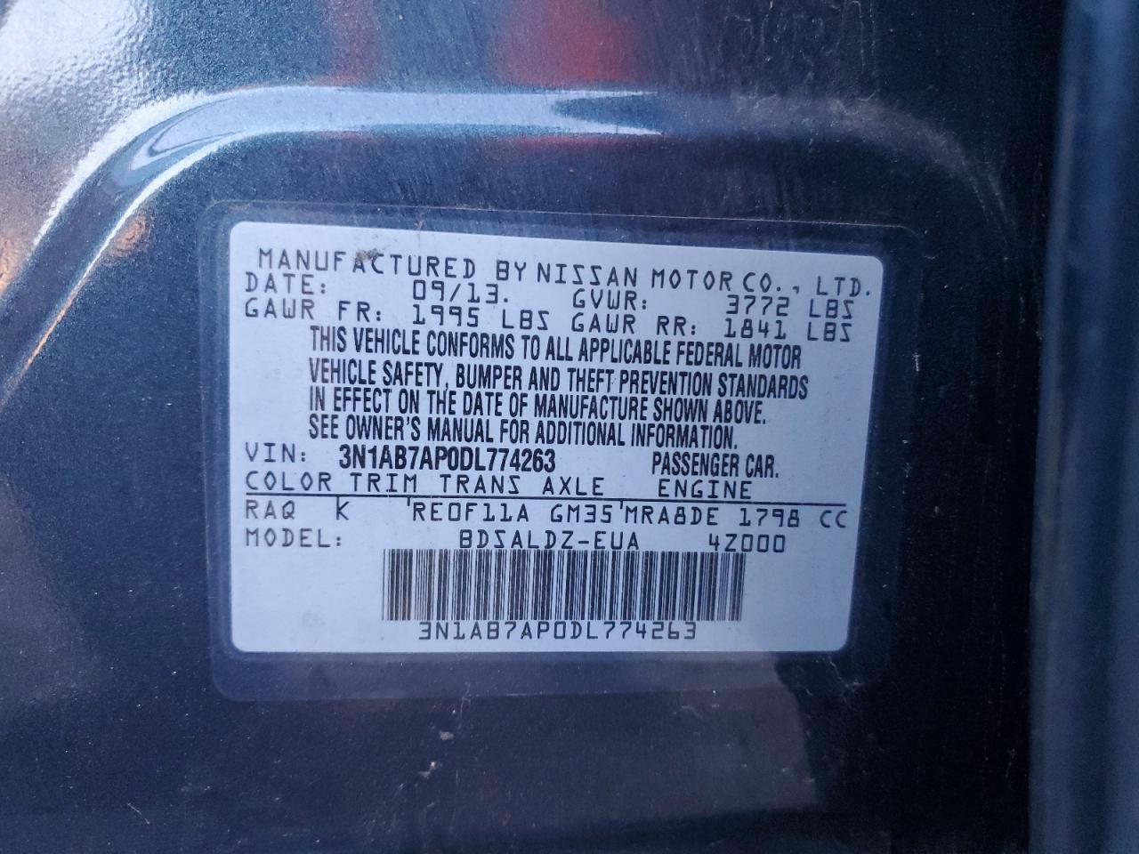 2013 Nissan Sentra S VIN: 3N1AB7AP0DL774263 Lot: 85493164