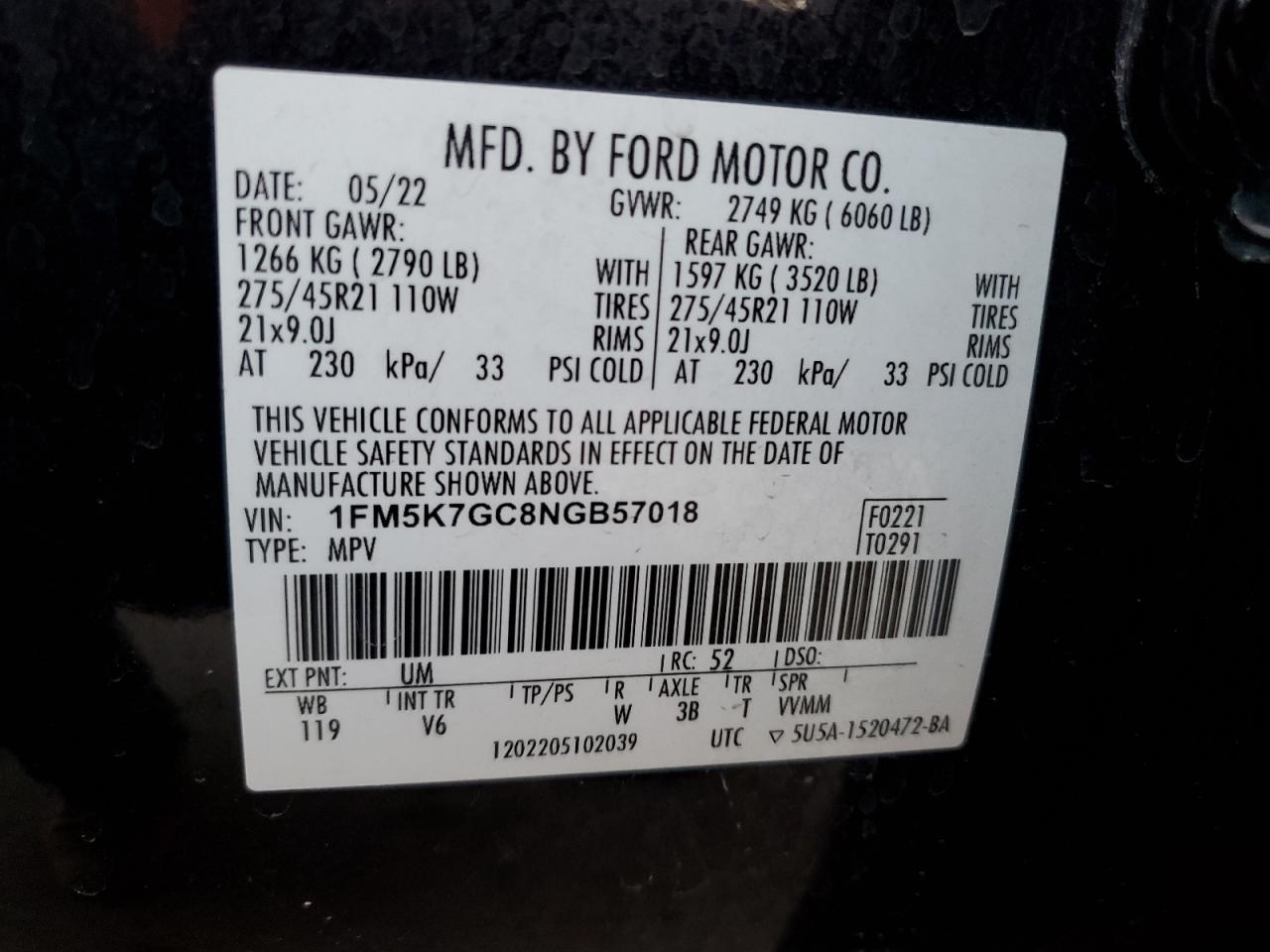 VIN 1FM5K7GC8NGB57018 2022 FORD EXPLORER no.14