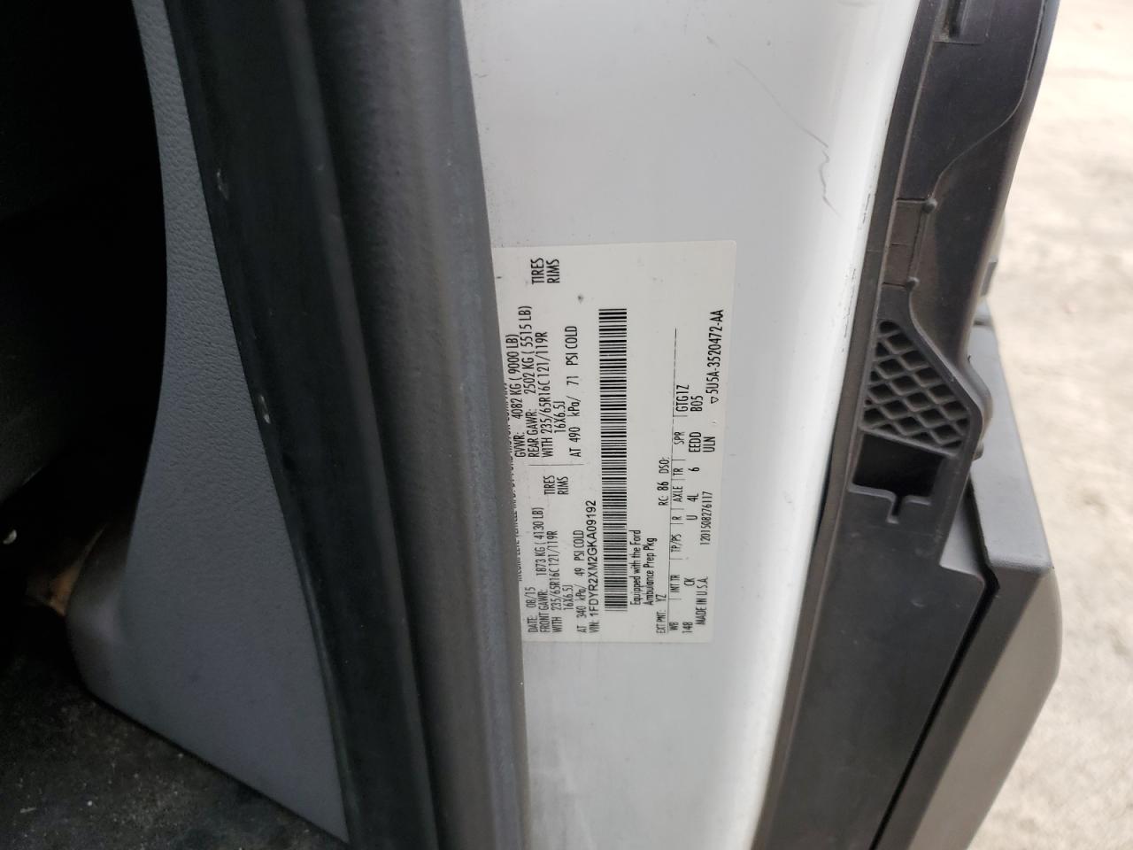 2016 Ford Transit T-250 VIN: FDYR2XM2GKA09192 Lot: 85514844