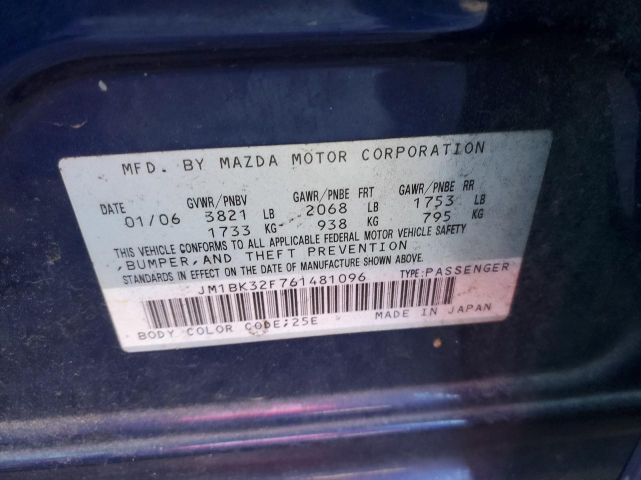 2006 Mazda 3 I VIN: JM1BK32F761481096 Lot: 84588105