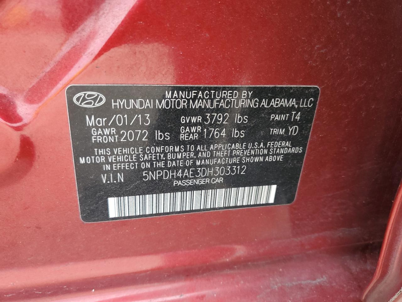 VIN 5NPDH4AE3DH303312 2013 HYUNDAI ELANTRA no.12