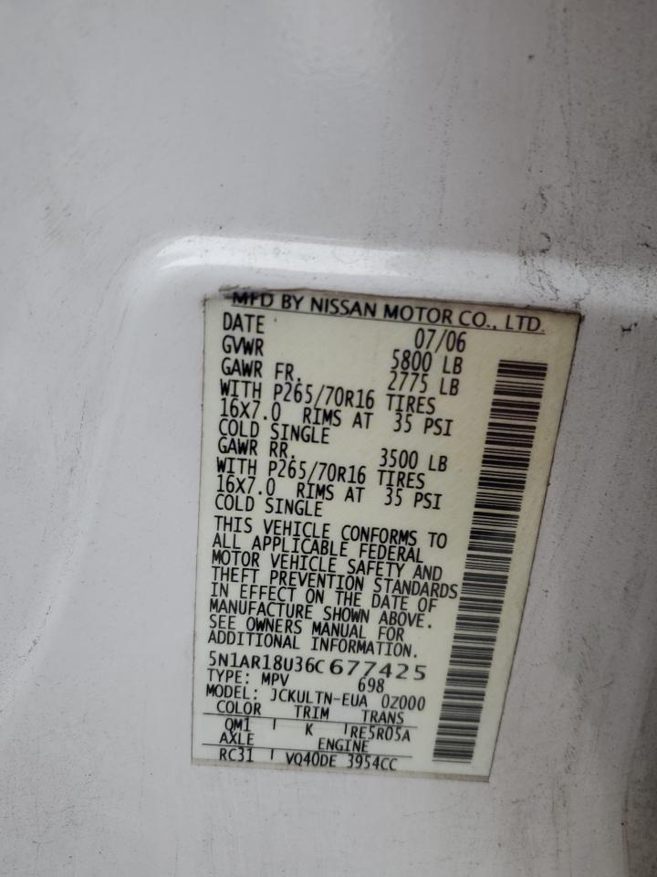2006 Nissan Pathfinder Le VIN: 5N1AR18U36C677425 Lot: 85735404