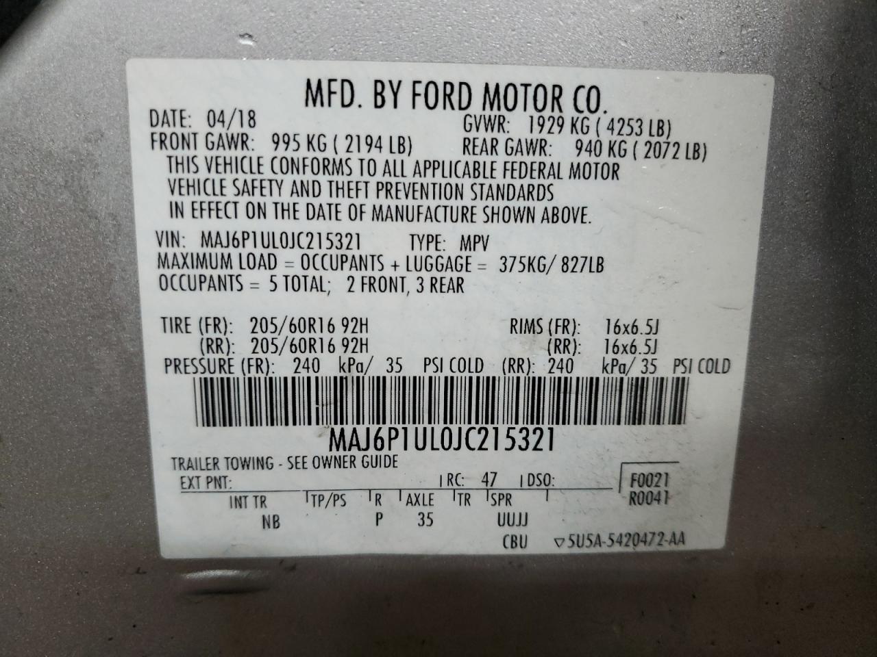 2018 Ford Ecosport Se VIN: MAJ6P1UL0JC215321 Lot: 85205224