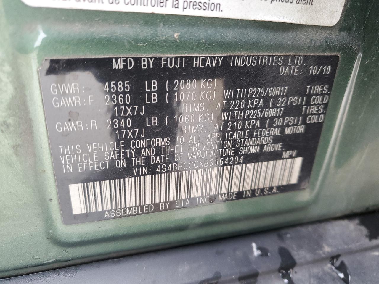 2011 Subaru Outback 2.5I Premium VIN: 4S4BRCCCXB3364204 Lot: 85198324