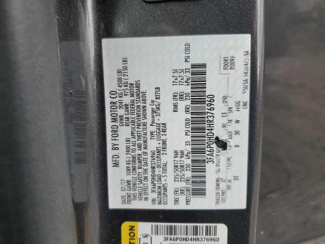 2017 Ford Fusion Se VIN: 3FA6P0HD4HR376960 Lot: 85672934