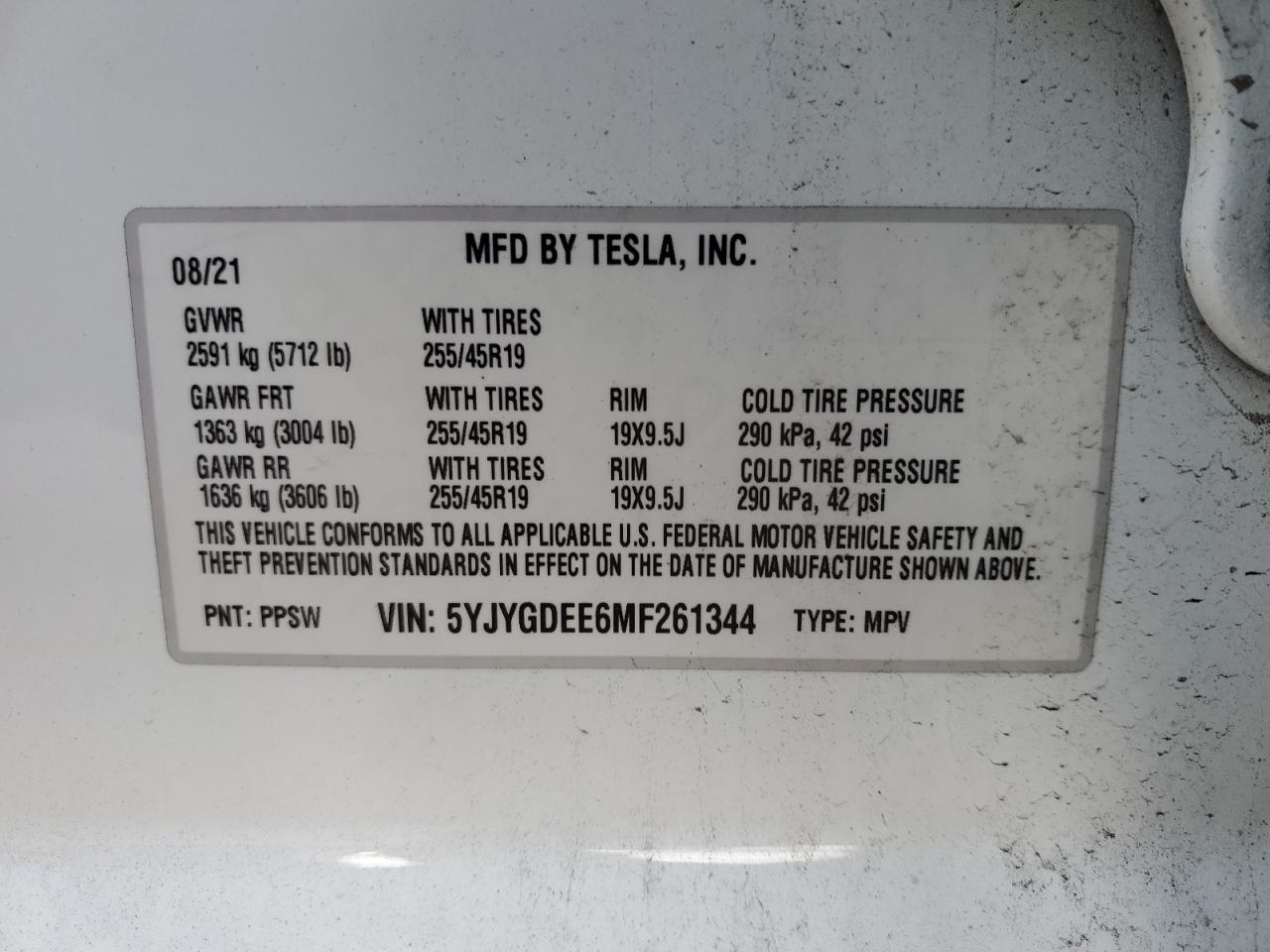 VIN 5YJYGDEE6MF261344 2021 TESLA MODEL Y no.12