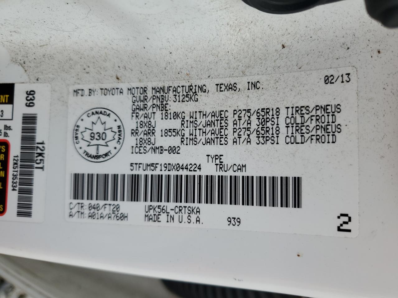 VIN 5TFUM5F19DX044224 2013 TOYOTA TUNDRA no.12