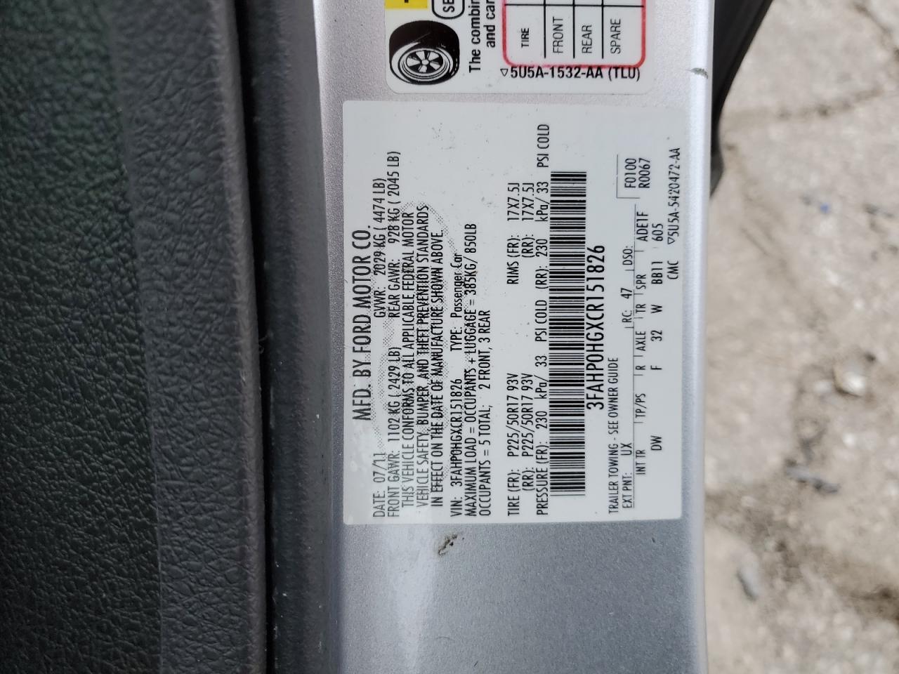 2012 Ford Fusion Se VIN: 3FAHP0HGXCR151826 Lot: 82578594