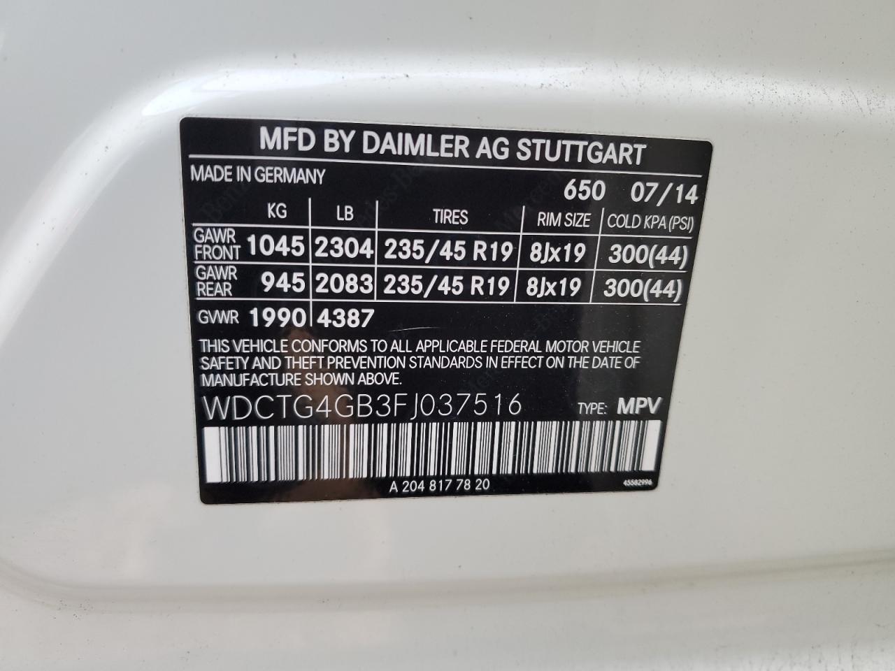 VIN WDCTG4GB3FJ037516 2015 MERCEDES-BENZ GLA-CLASS no.13