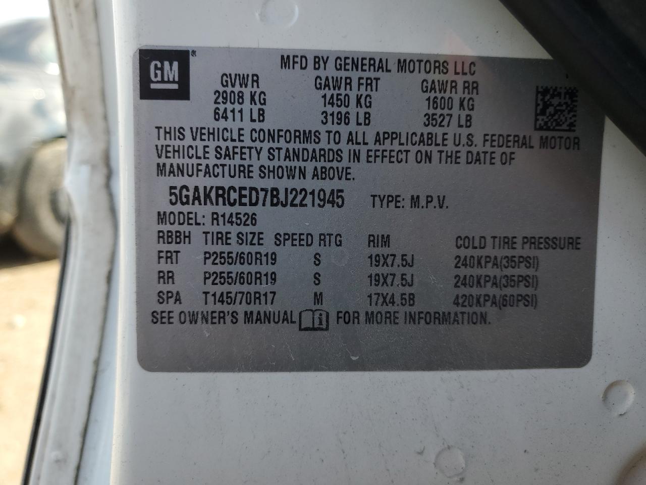 2011 Buick Enclave Cxl VIN: 5GAKRCED7BJ221945 Lot: 85439064