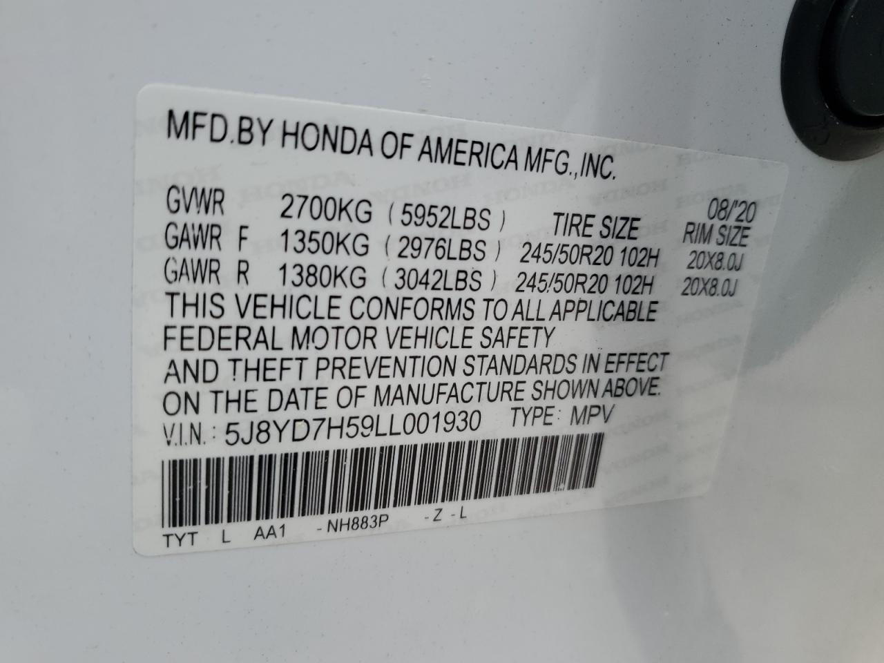 VIN 5J8YD7H59LL001930 2020 ACURA MDX no.13